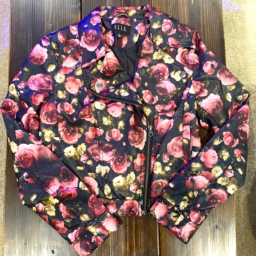 Floral leather jacket. Brand is Elle. Size Small.